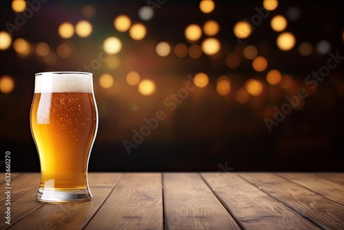 Glass of beer on wooden table over bokeh lights background. A glass of beer on a wooden board and blurred bar background.Free space for decoration, AI Generated
