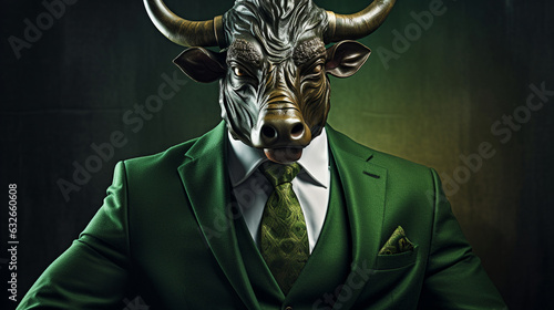 a man with a bull's head in a green business suit 