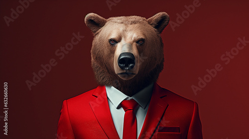 a man with a bear's head in a red business suit 