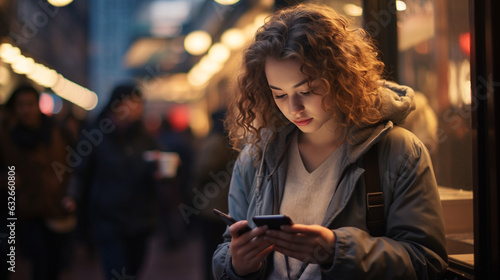 Create a bokeh-laden shot of the young woman looking at her phone in a bustling cafe, where digital connectivity merges with the energy of city life." 