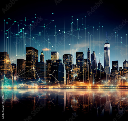 Financial trading graphs on New York City at night  background. photo