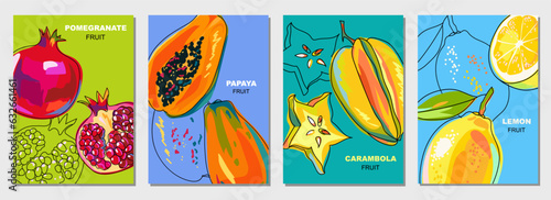 Set of posters with fruits. Papaya, pomegranate, carambola, lemon on colorful backgrounds. Set of cover templates for brochure, flyer and poster use. Whole fruits and halves. Vector illustration.