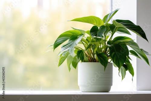 Background image. Plant Philodendron sp, in a pot, on a modern background. Copy space. For text.