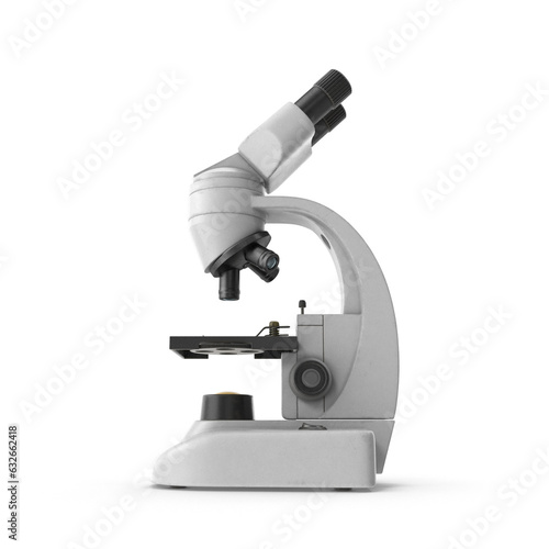 Realistic microscope. 3d chemistry, pharmaceutical instrument, microbiology magnifying tool. Symbol of science, chemistry, and exploration. Vector lab microscope