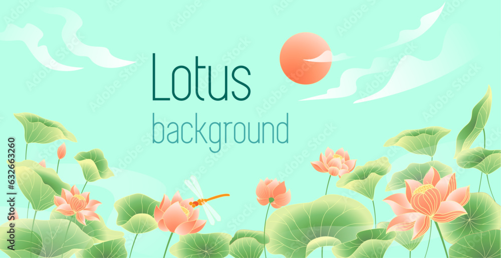 Illustration of lotus flowers and leaves background