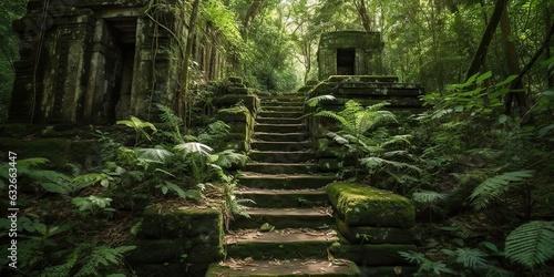 Fototapeta Naklejka Na Ścianę i Meble -  AI Generated. AI Generative. Ancient old jungle forest building ruin history civilisation outdoor landscape. Adventure explore new lands