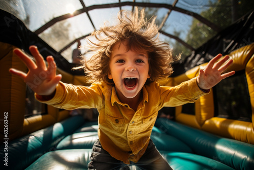 An action shot of the birthday child jumping on a trampoline or bouncing in an inflatable castle, capturing their energy and excitement, children's birthday, Birthday Generative AI
