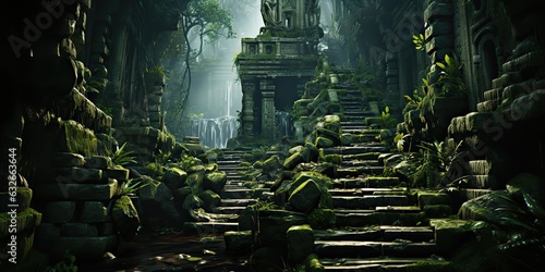 Fototapeta Naklejka Na Ścianę i Meble -  AI Generated. AI Generative. Ancient old jungle forest building ruin history civilisation outdoor landscape. Graphic Art