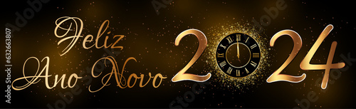 cartão ou banner para desejar um feliz 2024 em ouro com o 0 representado por um relógio e glitter dourado ao redor em um fundo gradiente marrom a preto photo