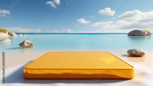 3D yellow podium with copy space for product display presentation on beach with blue sky and white clouds background. Tropical summer and vacation concept. Graphic rendering design.