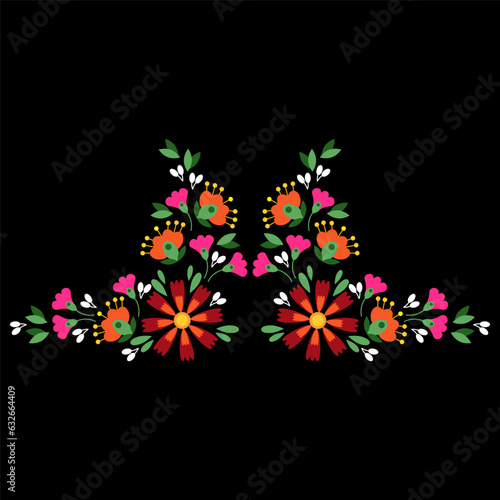 Mexican floral embroidery ornament on black background photo