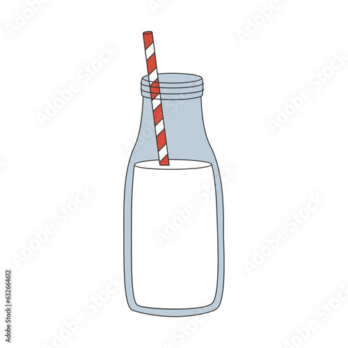 Milk bottle with straw groovy style. Cartoon element in trendy retro style. Isolated vector illustration. 