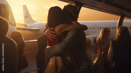 Capture the heartfelt farewell moments as passengers hug their loved ones before boarding, highlighting the emotional connections in the midst of travel.