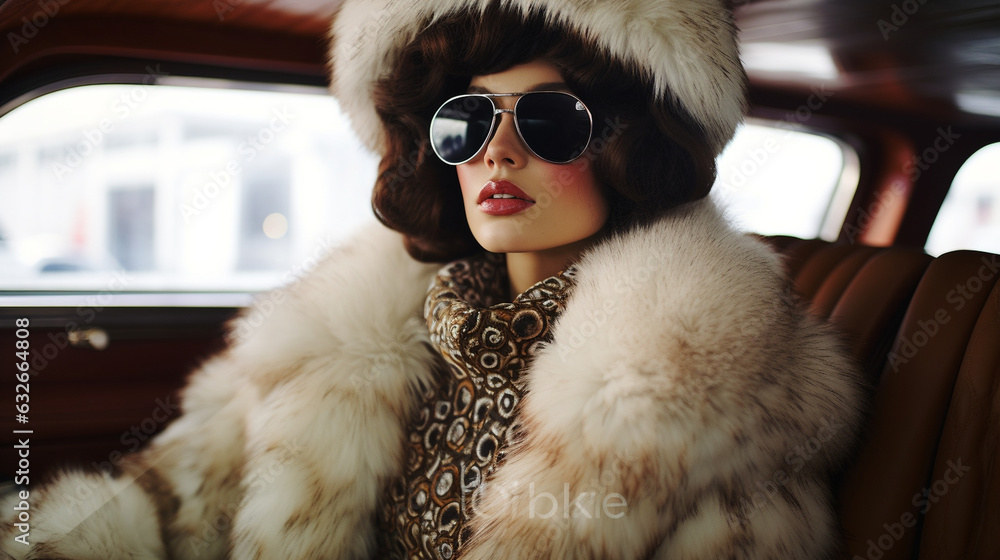 Capture the elegance of a woman in a luxurious fur coat and statement sunglasses, embodying the opulence of the 60s jet-set lifestyle. Capture the elegance of a woman in a luxurious fur coat and statement sunglasses, embodying the opulence of the 60s jet-set lifestyle.