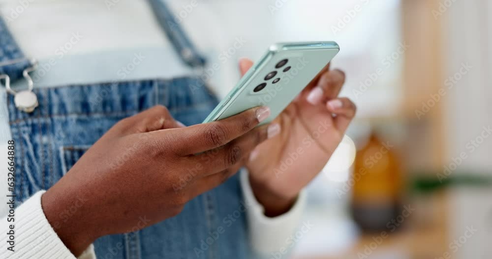 Woman, hands and typing on smartphone in home, reading social media post and website subscription. Closeup, person and chat on phone for contact, download mobile games and search network for tech app Woman, hands and typing on smartphone in home, reading social media post and website subscription. Closeup, person and chat on phone for contact, download mobile games and search network for tech app