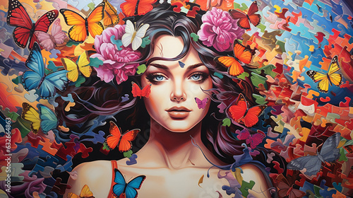 Craft an artistic 60s-themed puzzle, with a mesmerizing image of a beautiful woman, celebrating the beauty and complexity of the era.
