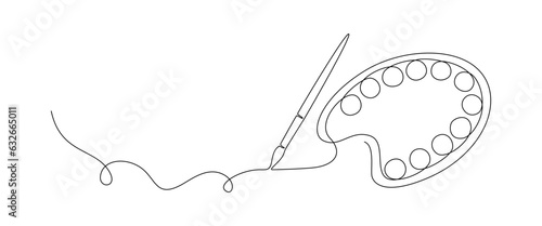 One continuous line drawing of brush and painting palette. Paintbrush symbol for creative and art school in simple linear style for logo and card. Editable stroke. Vector illustration