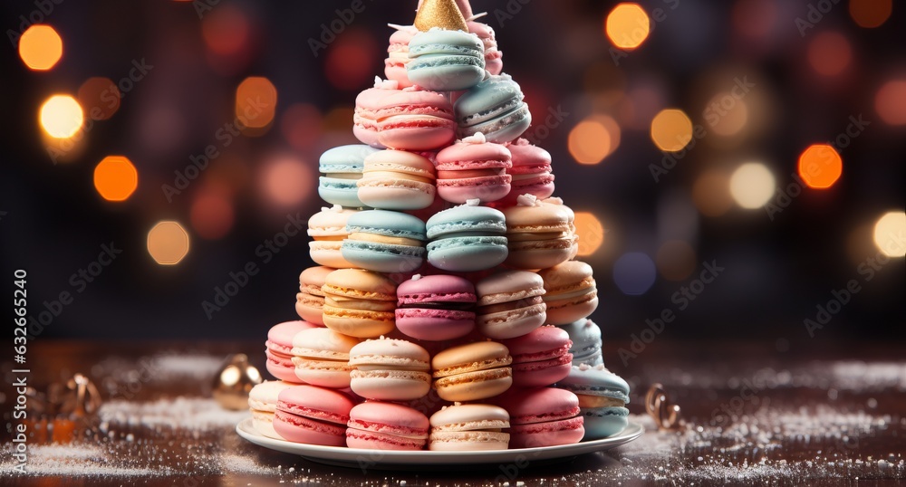 Obraz premium Christmas sweet tree made of macaroons, background of festive lights and gifts, macaroons lined with a mountain. Advertising and discounts of a confectionery. Christmas gifts and winter holidays 