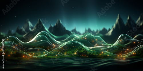 Abstract futuristic background with green glowing neon, moving lines of high-speed waves and bokeh effect. Data Transmission Concept Fantastic Wallpaper