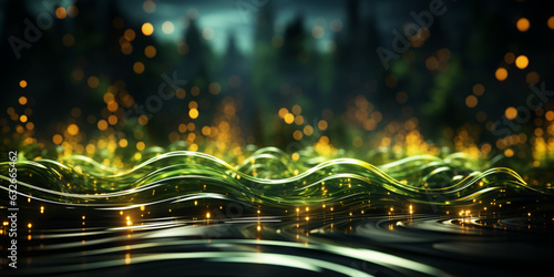 Abstract futuristic background with green glowing neon, moving lines of high-speed waves and bokeh effect. Data Transmission Concept Fantastic Wallpaper