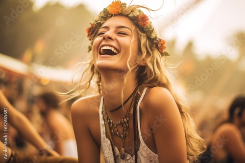 Portrait of a boho woman on a music festival Generative AI