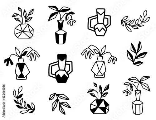 Abstract plants in ceramic vases, pots set