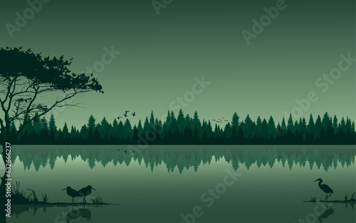 Wetlands landscape background realistic vector illustration with lake  river birds flying green color reflection