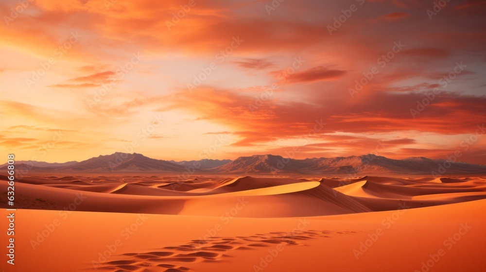 Photo of a breathtaking desert sunset with footprints in the sand - Created with AI technology