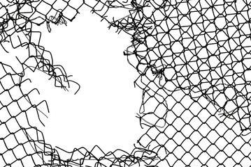 The texture of the metal mesh on a white background. Torn steel, metal mesh with holes