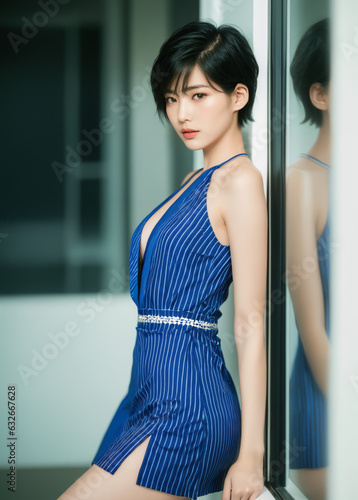 Portrait of beautiful Japanese women wearing bold striped dress with leg slit, sideswept pixie cut with tucked behind ear. photo