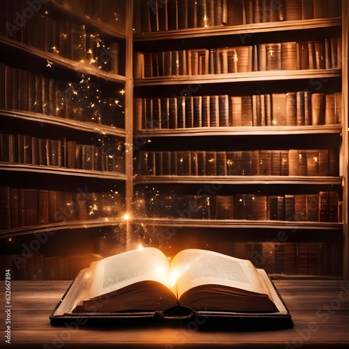 Old book with flying letters and magic light on the background of the bookshelf in the library. Ancient books as a symbol of knowledge, history, memory and information. Conceptual foundations of educa