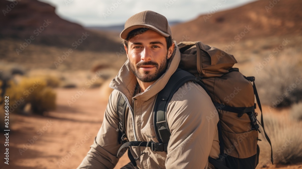 Photo of a man hiking on a scenic dirt road created with Generative AI technology