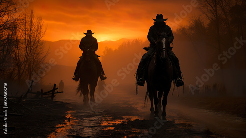 Mist scene at sunset with silhouettes of two cowboys riding their horses. Two outlaws approaching town from the wild west.