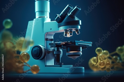 scientific microscope for using in a science laboratory, a biology research scientist in medicine technology term using equipment for experiment education