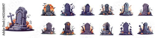set of tombstone cartoon style, flat color design, halloween vibes, isolated on a transparent background.