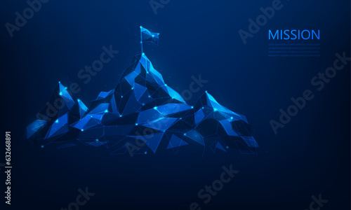 mission achievement mountain digital technology on blue background. business strategy to success climbing route. vector illustration fantastic technology design.