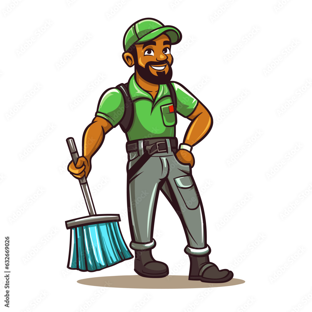 Public cleaning work. A young man with a broom in his hand is cleaning the floor. Cleaning service concept. Cartoon vector illustration.