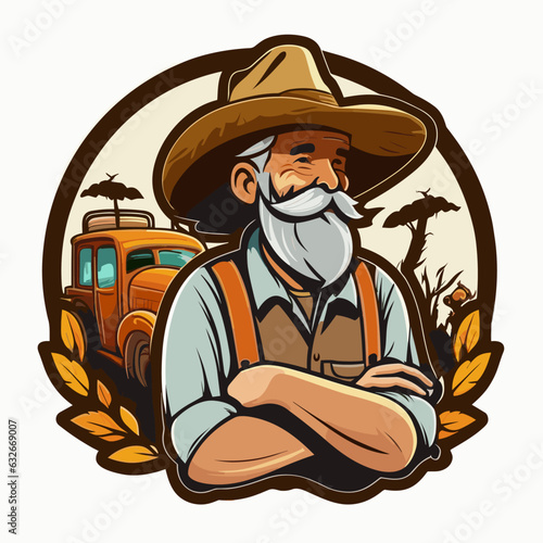 Farmer in a field with grain and tractor in the background. A healthy lifestyle, agriculture, farm concept. Cartoon vector illustration.