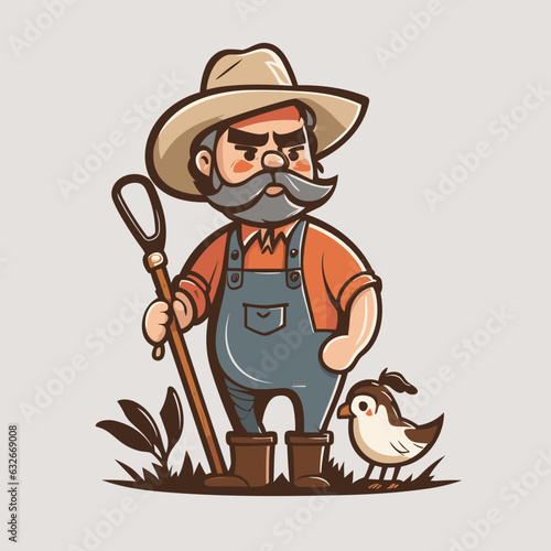 A careful vegetable grower with a spade in hand inspects his garden and chases the birds away from the vegetable garden. Agriculture, farm concept. Cartoon vector illustration.