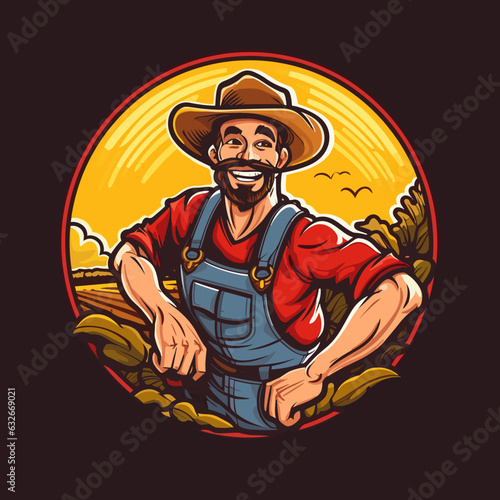 Laughing farmer oversees his field in the background of a rural landscape. Farm and agriculture concept. Cartoon vector illustration.