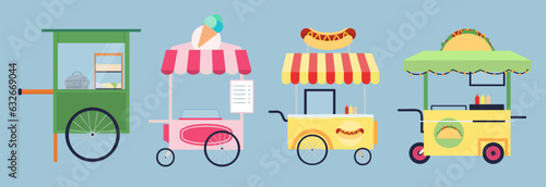 A set of various food stalls selling different kinds of food and snacks