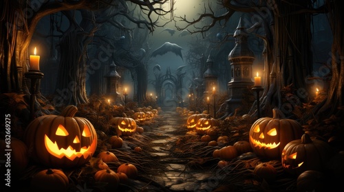 Halloween background for a zoom call with happy pumpkins. Generative AI