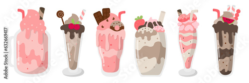 Set of milkshake and smoothie with topping