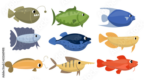 set of undersea fish various type in cartoon character