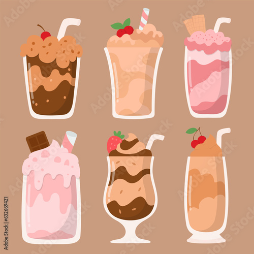 Set of milkshake and smoothie with topping