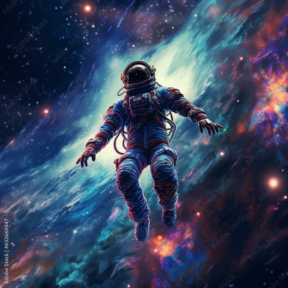 Fototapeta premium trippy astronaught floating through galaxy