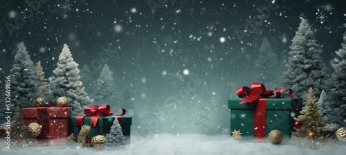 christmas decoration with Christmas fir branches, gift boxes with red ribbon, red decoration, sparkles and confetti on dark green background. copy space banner background. © gusion