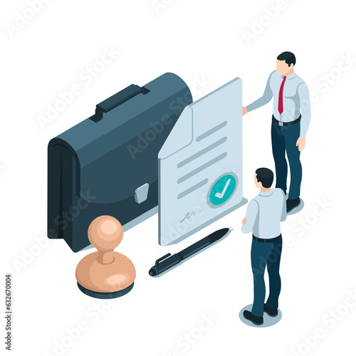 isometric man holding a contract in color on a white background, signing an agreement or contract