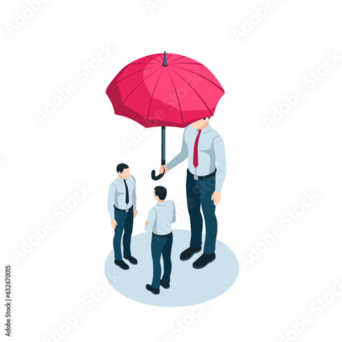 isometric man with umbrella closes others in color on white background, protection or care in business