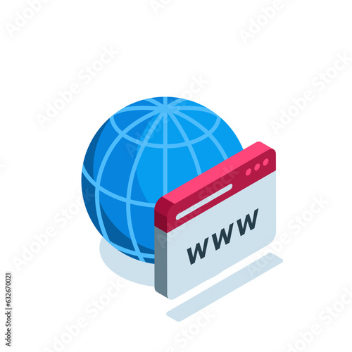 isometric globe and browser window in color on a white background, web page